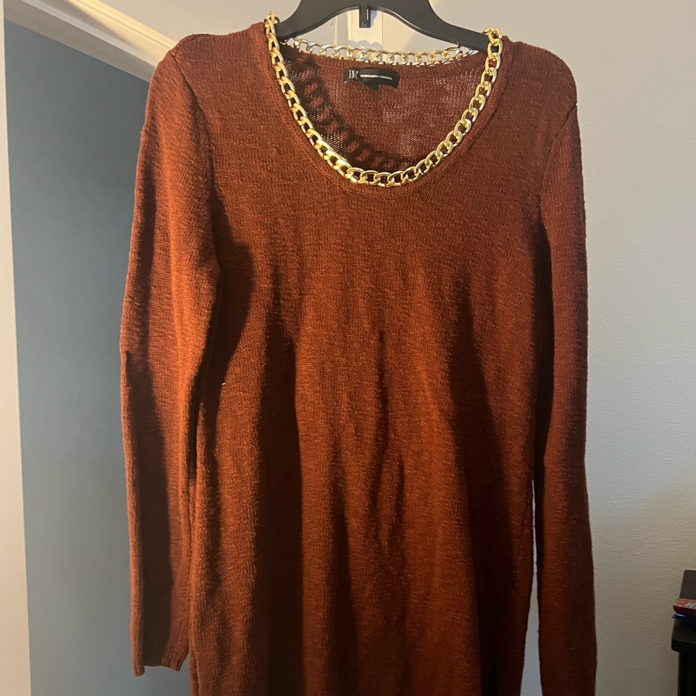 INC International Concepts Brown Sweater with Gold Chain